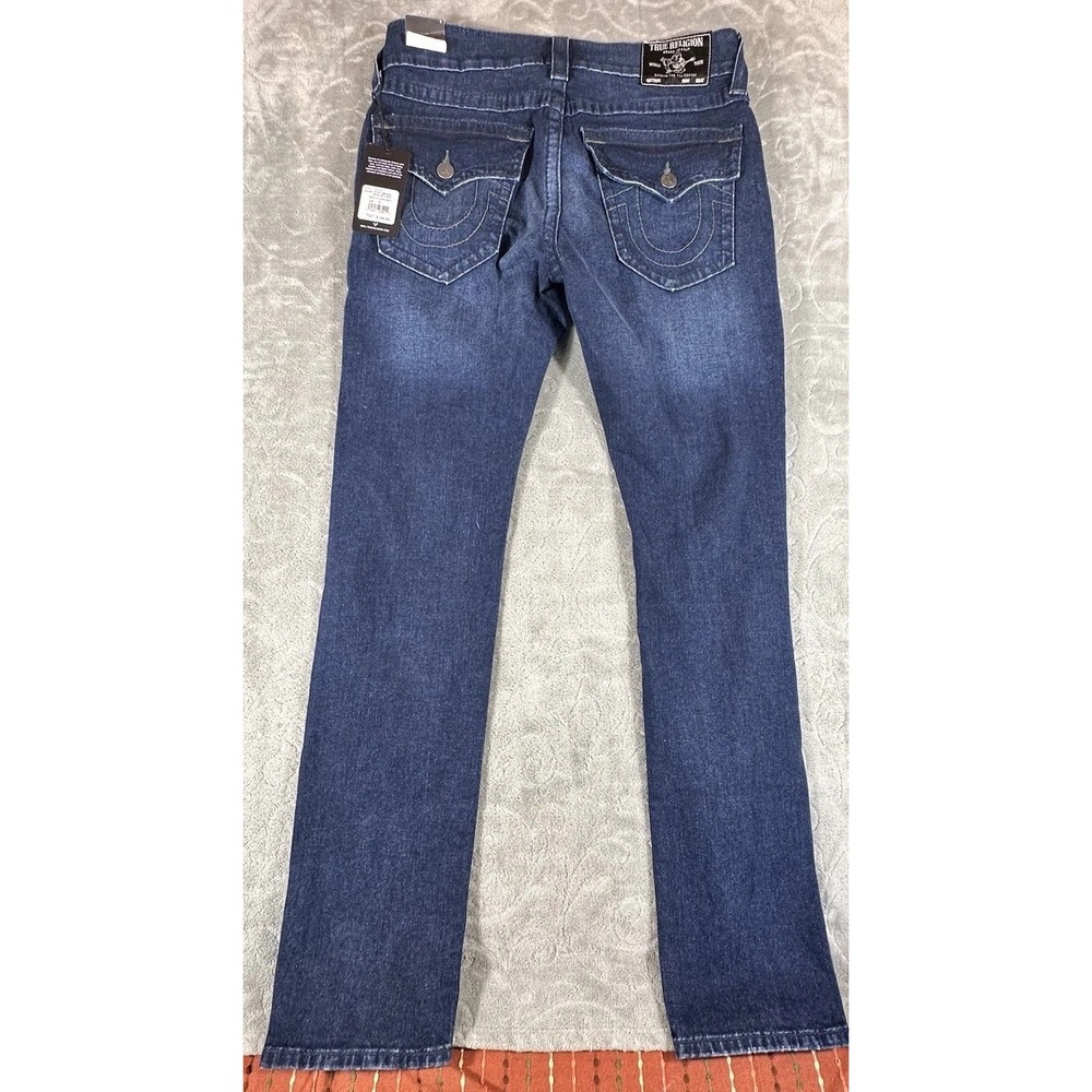 True Religion Rocco Big T Flap Relaxed Skinny Jeans 33x32 Dark Wash Thick Stitch